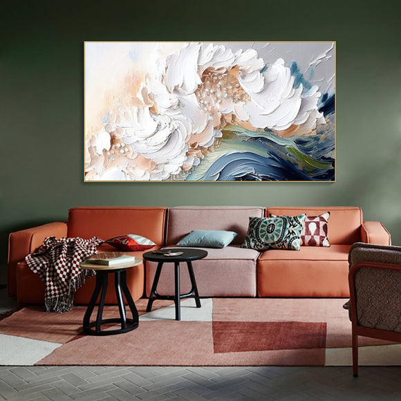 Cuadro Abstracto Moderno Óleo Hecho a Mano Textura Pesada Olas Blancas Grand Formato Sin Marco