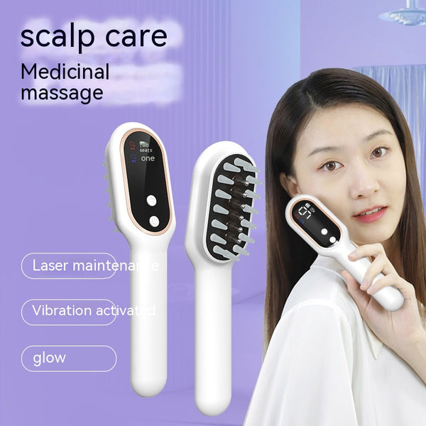 White scalp medicine feeder comb with blue and red light therapy, digital display, and massage function.