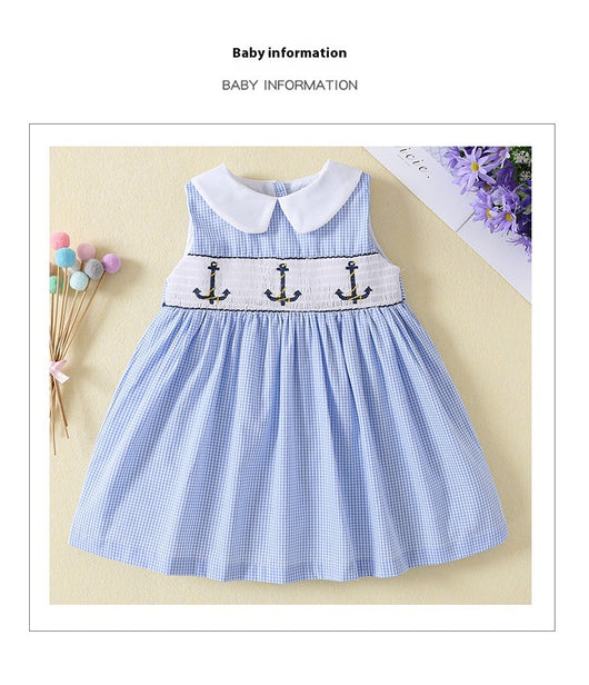 Vestido Infantil de Verano sin Mangas con Cuello de Muñeca y Smocking Bordado - Image 10