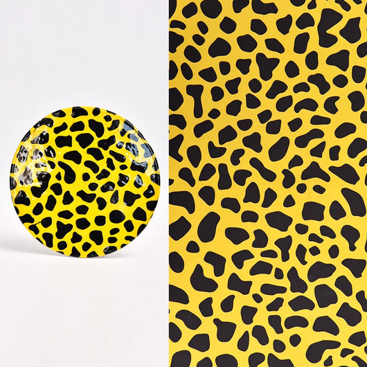 Ceramic plate with yellow cartoon leopard cat underglaze decals and a sheet of the same decals. - Image 27