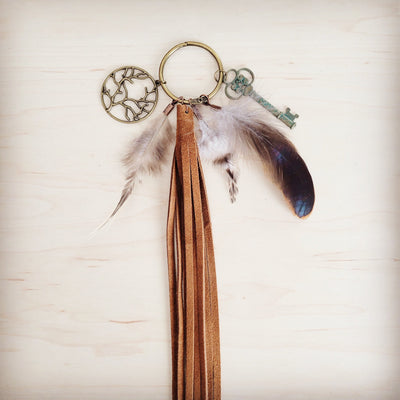 **Boho Western Boot Bling Charm with Leather Fringe Cognac 500e
