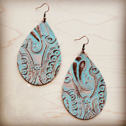 **Leather Teardrop Earring-Naples Turquoise and Brown 210k