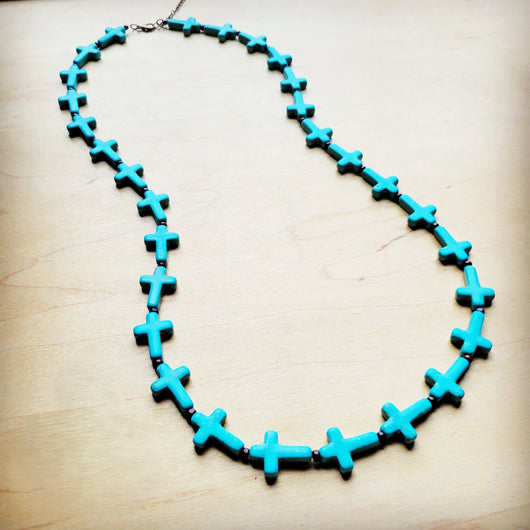 **Colar de Madeira com Cruz e Turquesa Azul 258n