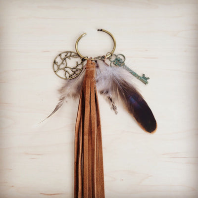 **Boho Western Boot Bling Charm with Leather Fringe Cognac 500e