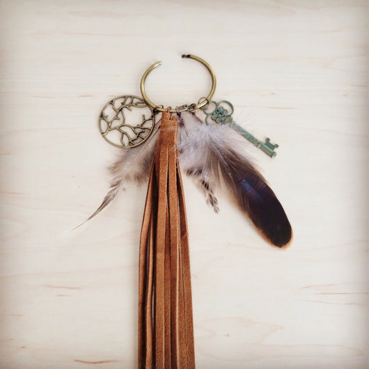 **Boho Western Boot Bling Charm with Leather Fringe Cognac 500e