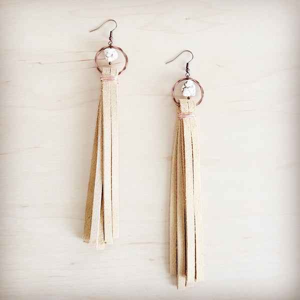 Turquoise Drop Earrings w/ Cream Leather Tassel 207v