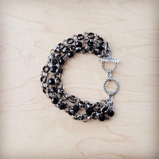 **Black Faceted Triple Strand Beaded Bracelet 807m