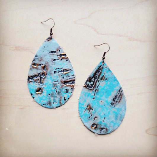 **Leather Teardrop Earrings in Turquoise Metallic 222m