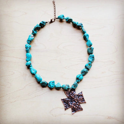 Chunky Blue Green Turquoise Collar Necklace with Cross Pendant 259u