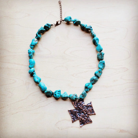 Chunky Blue Green Turquoise Collar Necklace with Cross Pendant 259u