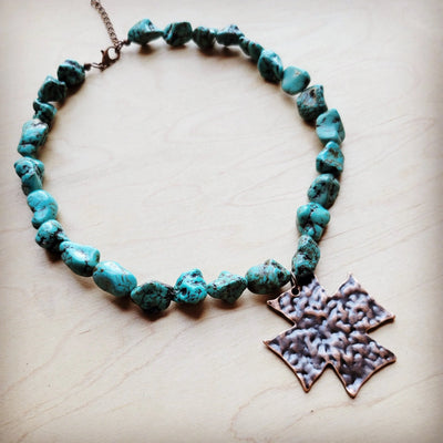 Chunky Blue Green Turquoise Collar Necklace with Cross Pendant 259u