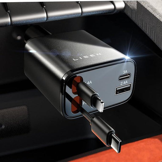 Cargador retráctil lisen para automóvil: carga rápida de 69w para iphone y samsung - Tekeno