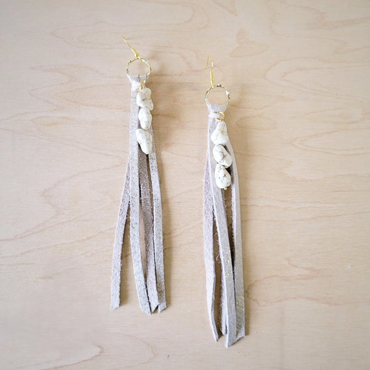 **Leather Fringe Earrings with Turquoise Chunks Metallic 224r