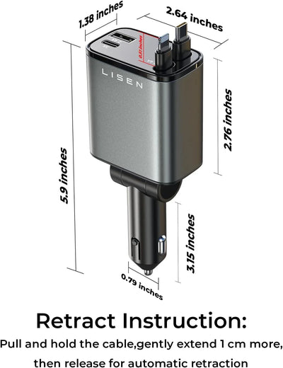 Cargador retráctil lisen para automóvil: carga rápida de 69w para iphone y samsung - Tekeno