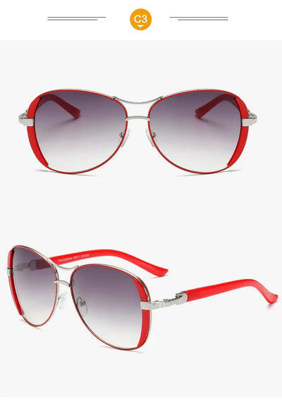 Women's large frame fashionable sunglasses with gradient gray lenses, silver-tone metal frames, and white arms. - Image 18