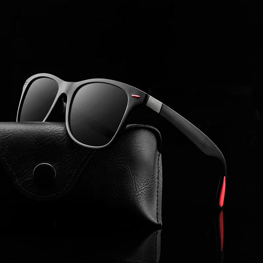 Black frame polarized sunglasses with blue mirrored lenses and blue and red accents on the temples. - Image 14