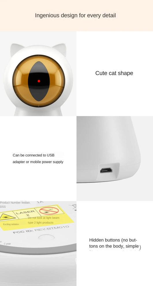 White cat-shaped laser toy with gold eye and red light, alongside a light blue smart rolling ball cat toy. - Image 25