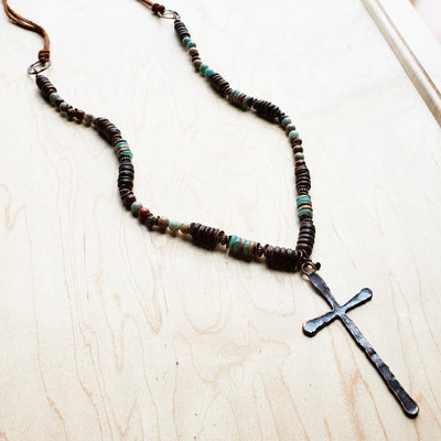 **Aqua Terra Wood Necklace with Copper Cross 237d