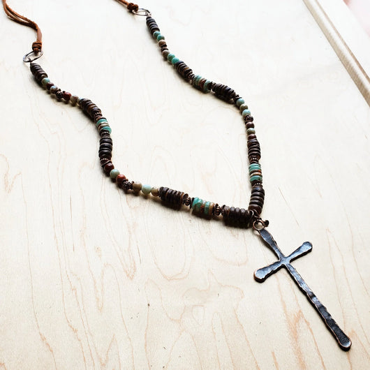 **Aqua Terra Wood Necklace with Copper Cross 237d