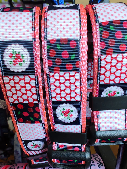 Patchwork Cherries Pink Nylon Dog Collar MD, LG, XL, Leash