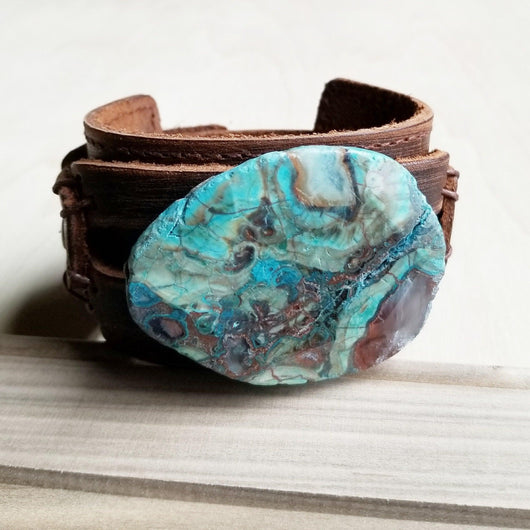 **Genuine Leather Wide Cuff Bracelet w/ Ocean Agate Slab 004C