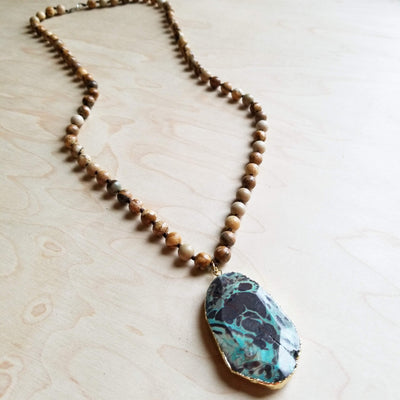Bohemian Beaded Jasper Necklace with Ocean Agate Pendant 245u