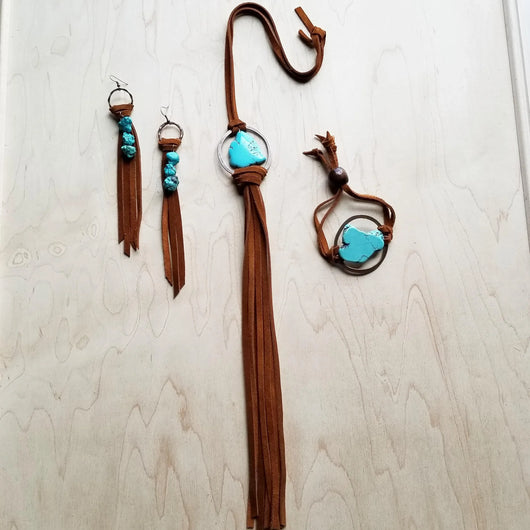 Brincos de Couro com Franjas e Pedras Turquesa - Caramelo 223f