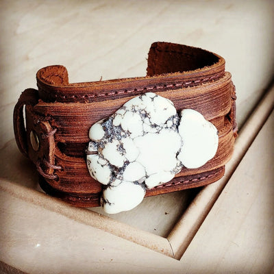 Genuine Leather Wide Cuff with White Turquoise Slab 230Y