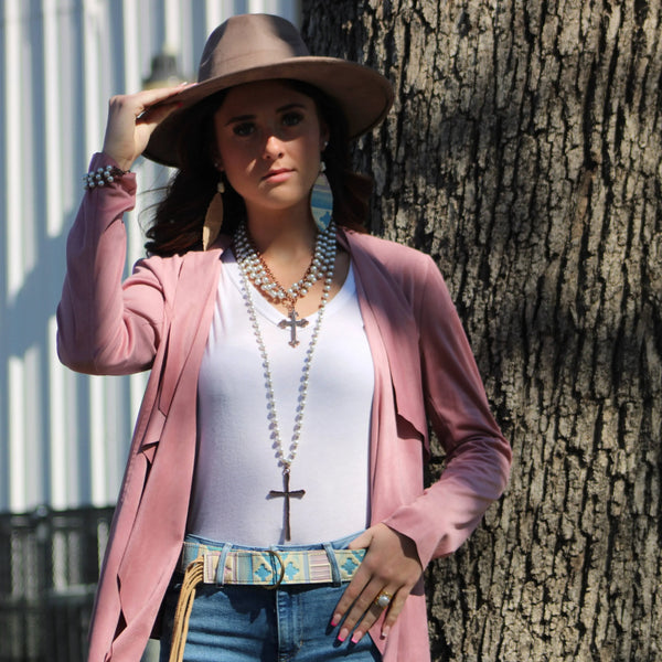 Pearl Long Beaded Necklace with Antique Copper Cross 255t