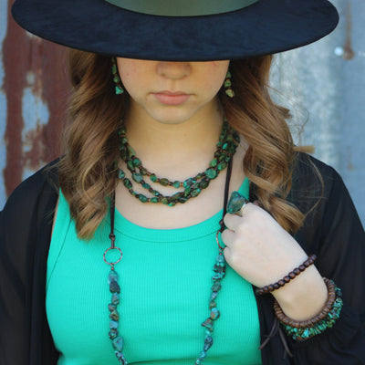 **Triple Strand Natural Turquoise & Wood Collar Necklace 250m