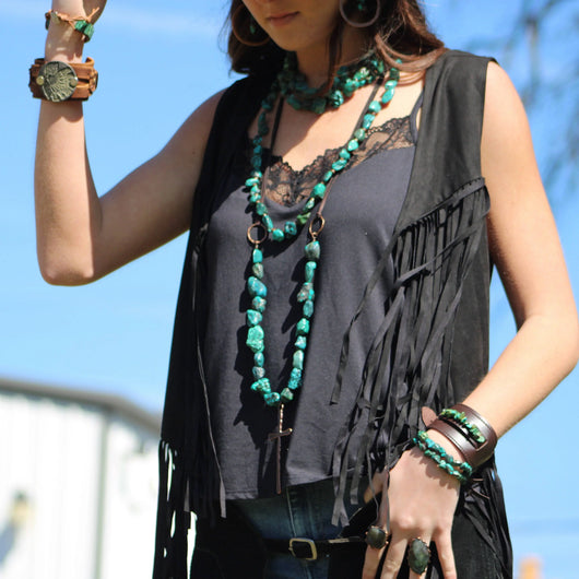 **Wide Dark Leather Cuff with Natural Turquoise Chunks 011y