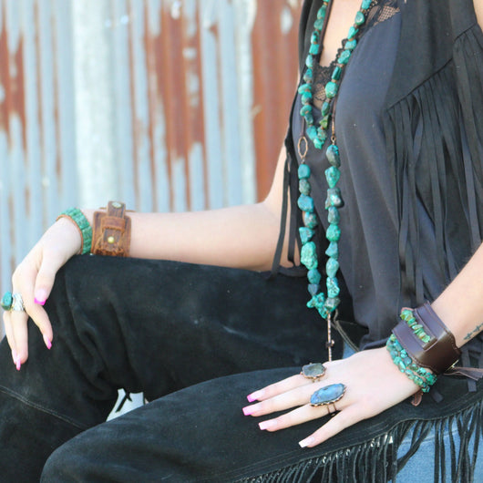 **Wide Dark Leather Cuff with Natural Turquoise Chunks 011y
