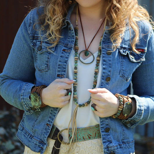 **Genuine Leather Wide Cuff Bracelet w/ Ocean Agate Slab 004C