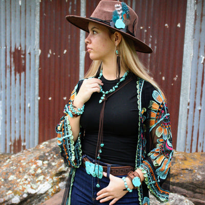 Turquoise Drop Earrings with Leather Tassel - Black, 206g