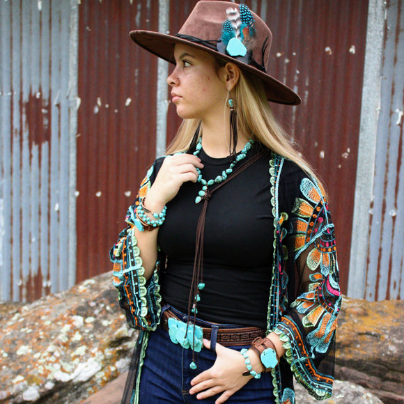 Turquoise Drop Earrings with Leather Tassel - Black, 206g
