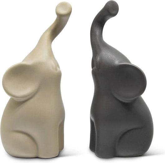 Pareja de elefantes en cerámica moderna beige y gris – Escultura decorativa de 16 cm de alto, figura ornamental temática amorosa - Tekeno