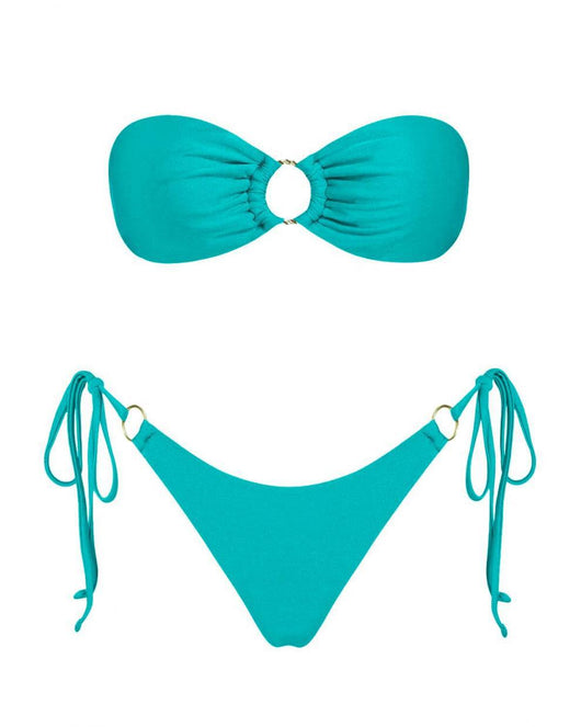 Red glitter bandeau bikini with gold-tone O-rings and side-tie bottoms on a model in a sunny outdoor setting. - Image 75