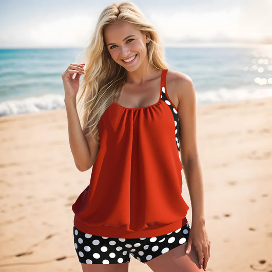 Women's two-piece swimsuit with a turquoise tankini top and black boxer bottoms with turquoise polka dots. - Image 22