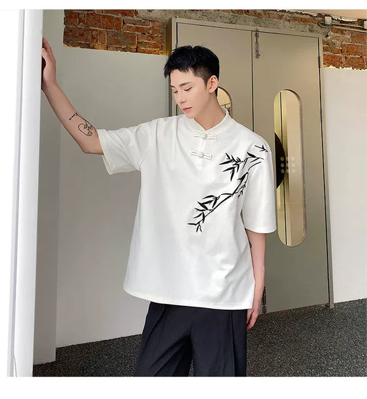 Camisa de Manga Corta con Bordado de Hojas de Bambú para Hombre - Image 27