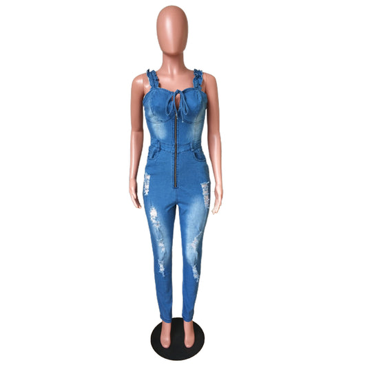 Mono Denim Blanco Ajustado con Encaje Plisado y Detalles Rotos para Mujer - Image 22