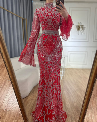 Vestido Largo de Noche Rojo con Cuello Alto y Falda Sirena - Image 10