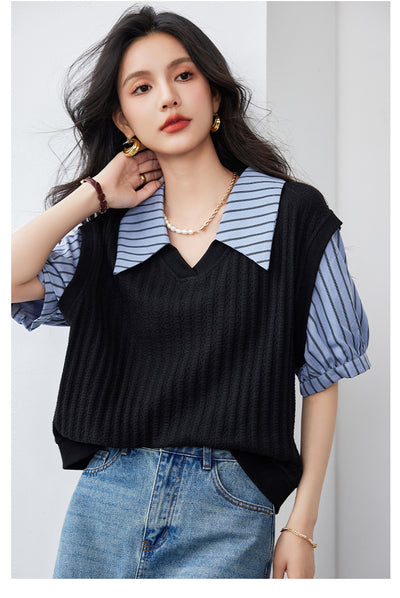 Blusa Esbeltecedora de Dos Piezas con Rayas y Mangas Puff - Image 15