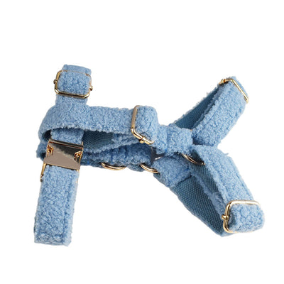 Light blue teddy bear textured dog collar and matching leash set with gold-colored hardware. - Image 33