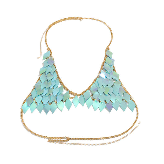Woman wearing a gold-tone body chain top with iridescent pink and orange diamond-shaped sequins, perfect for beach or festival. - Image 17