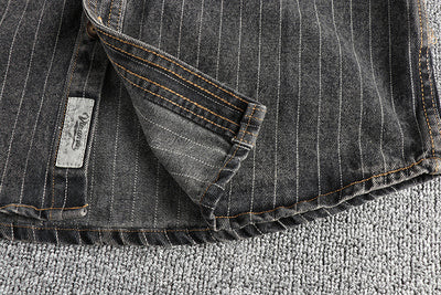 Camisa Denim Retro Británica a Rayas Negras y Grises para Hombre - Image 16