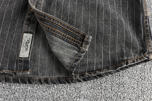 Camisa Denim Retro Británica a Rayas Negras y Grises para Hombre - Image 16
