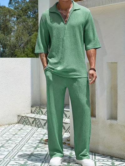 Conjunto Casual de Dos Piezas: Camisa Manga Corta y Pantalón Color Sólido - Image 19
