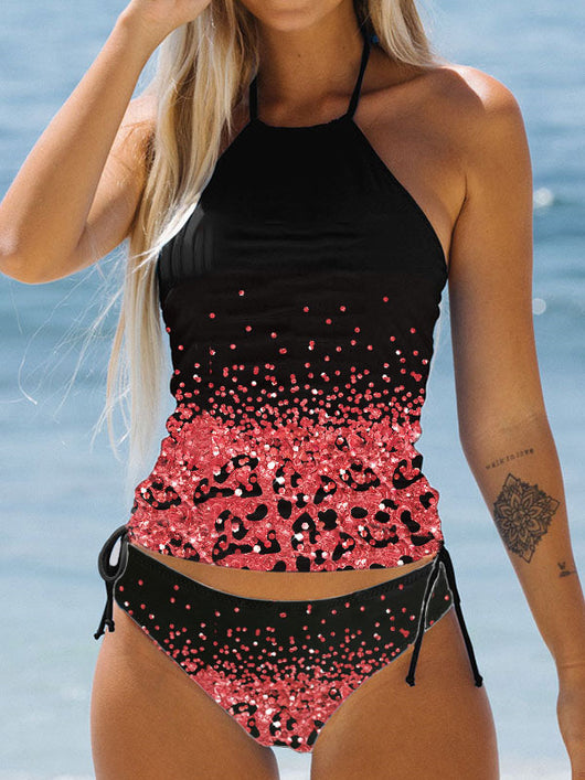 Women's blue halter tankini top with white palm tree graphic and "live simple" text, paired with matching high-waist bikini bottoms with palm print and side tie - Image 19
