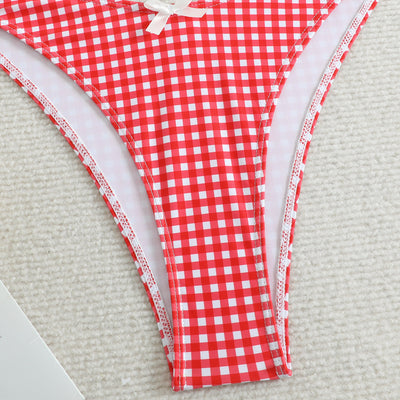 Red and white gingham print bikini swimsuit with a triangle halter top and high-cut bottom, featuring small white bows. - Image 28