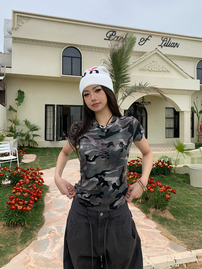 Camiseta Estampado Camuflaje Retro Manga Corta para Mujer - Image 13